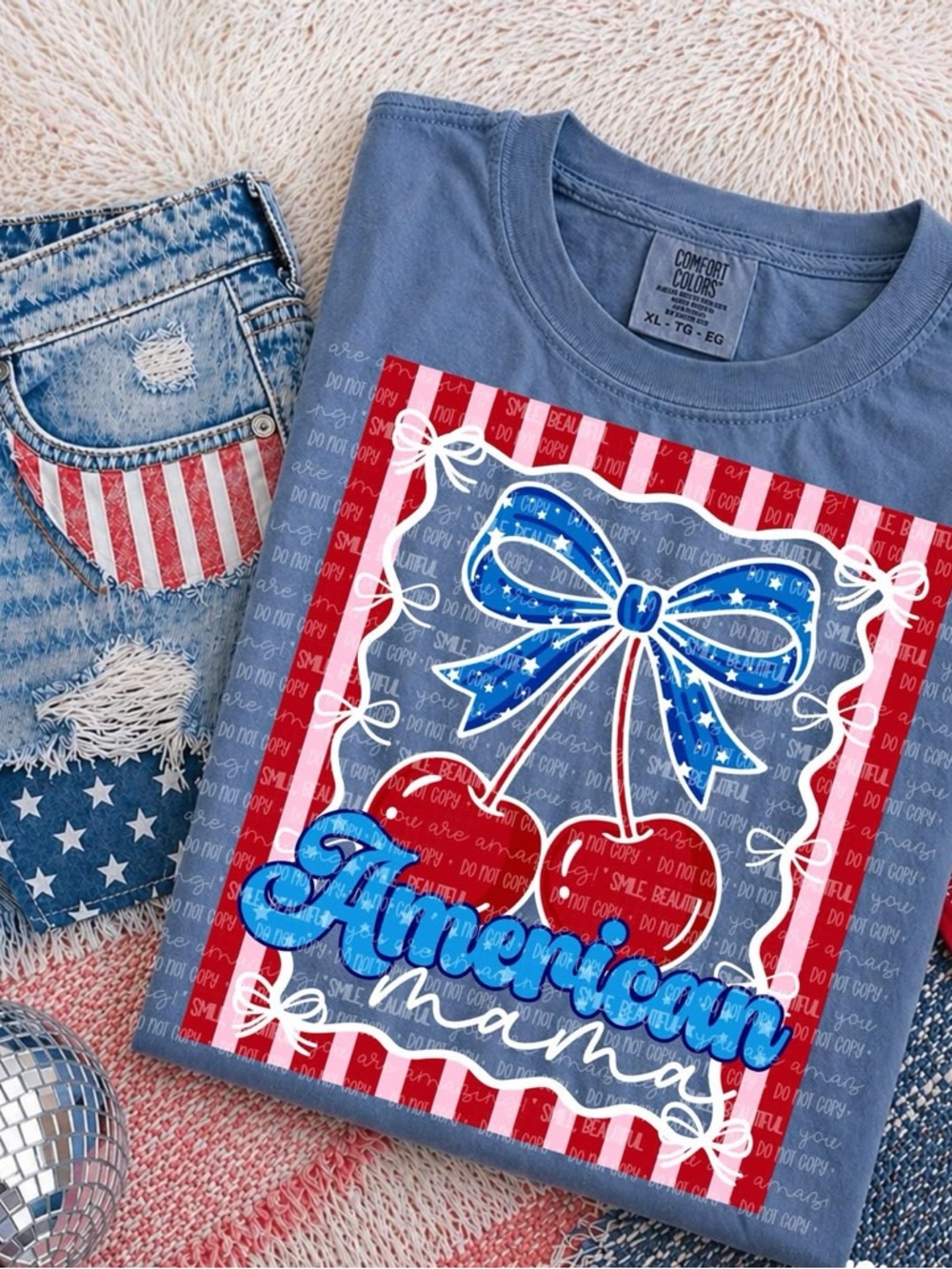 Comfort Colors Blue Jean Patriotic Cherry American Mama Tshirt Small-XL
